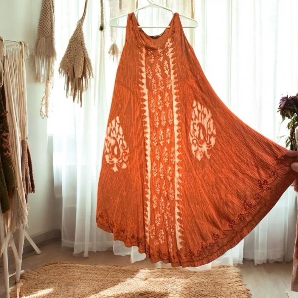Just Cruising Sleeveless TankDress Womens Free Size Orange Tie die Beaded Boho